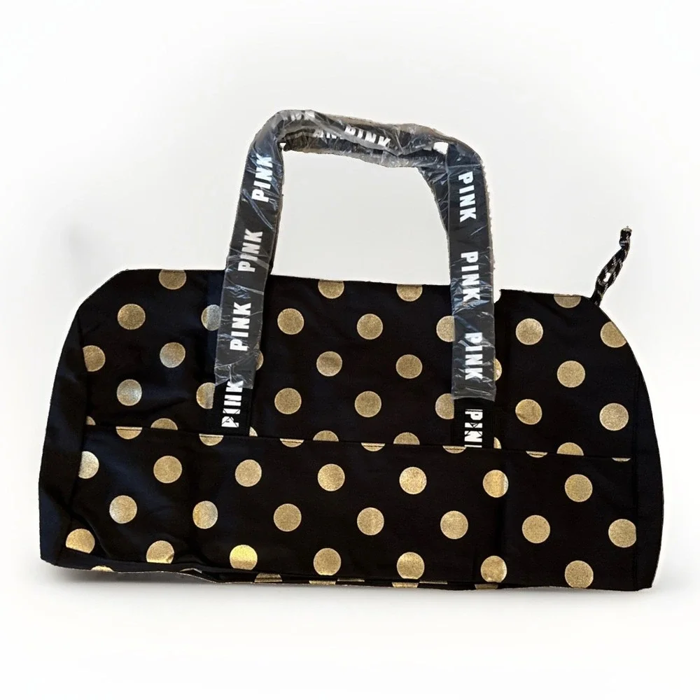 Victoria's Secret PINK Tote Duffle Gym Bag Black Gold Polka Dot
